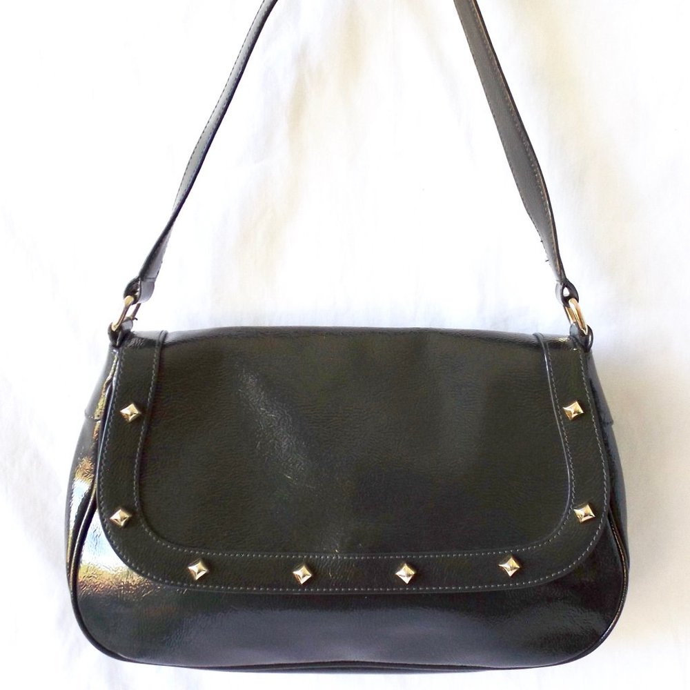 BAEKGAARD Starlet Shoulder Bag, Dark Gray Patent Leather with Gold Studs, LN!